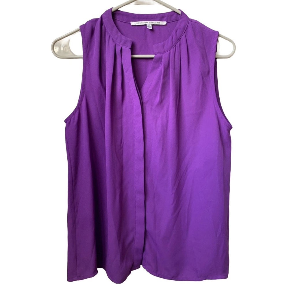 COLLECTIVE CONCEPTS Womens Purple Sleeveless Button-down Collarless Shirt Blouse